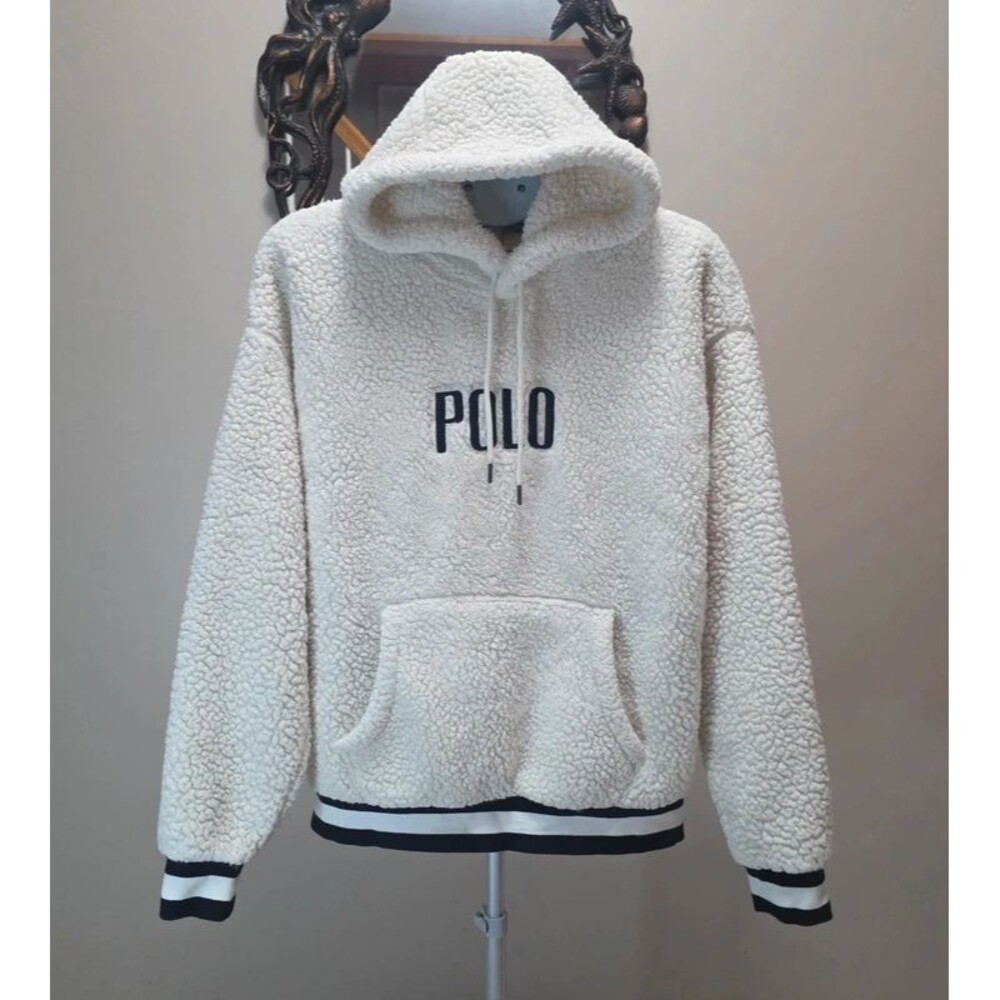 Polo Ralph Lauren Logo Pile Fleece Hoodie Mens M Sherpa Teddy Pullover Cream
